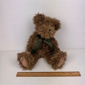 Vtg Boyds Collection Plush Bear Jointed Limbs Brown w Green Checkered Ribbon